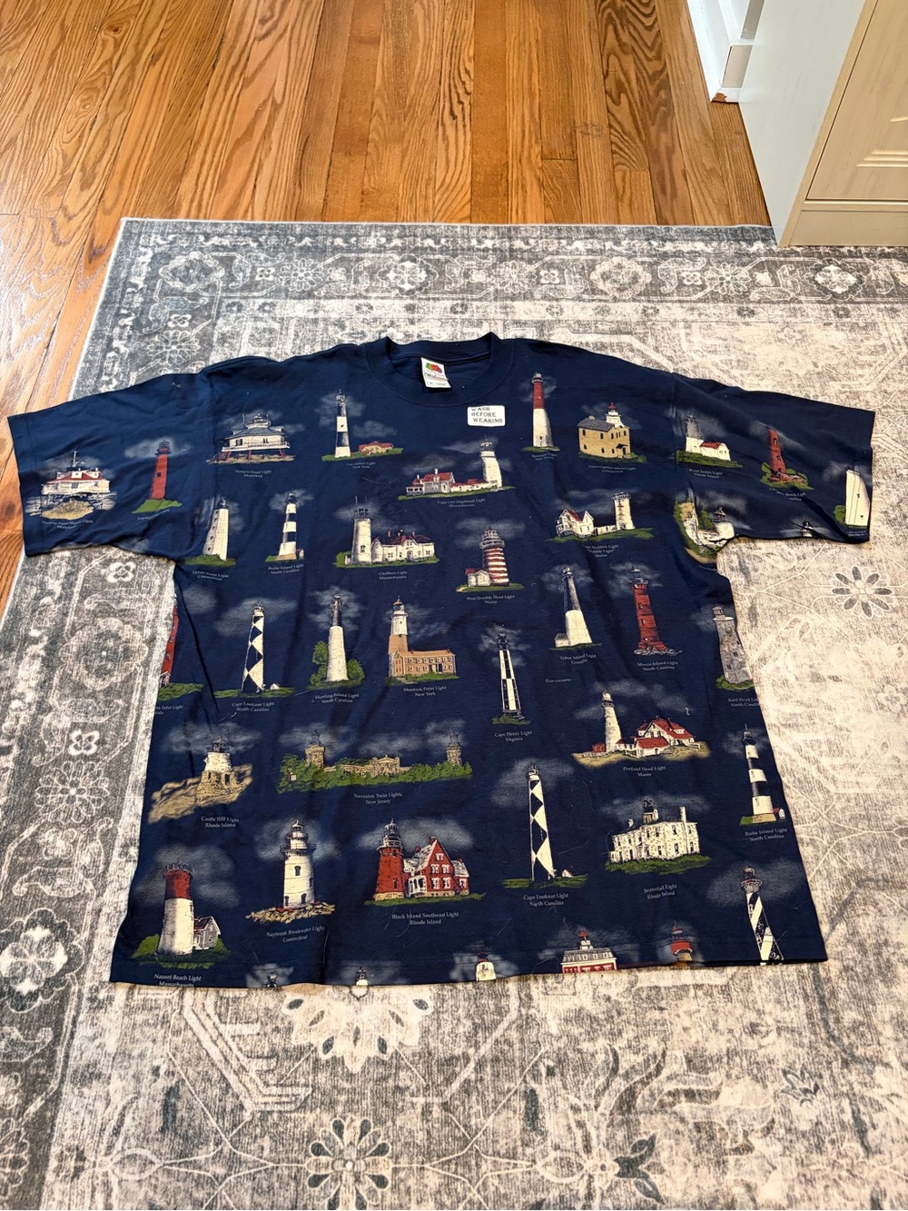 Fruit of the Loom Navy Blue Short Sleeve T-Shirt with Lighthouse Print